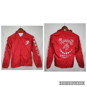 Kids Primitive x Huy Fong Sriracha Red Snap Up Coach Windbreaker Jacket Size S